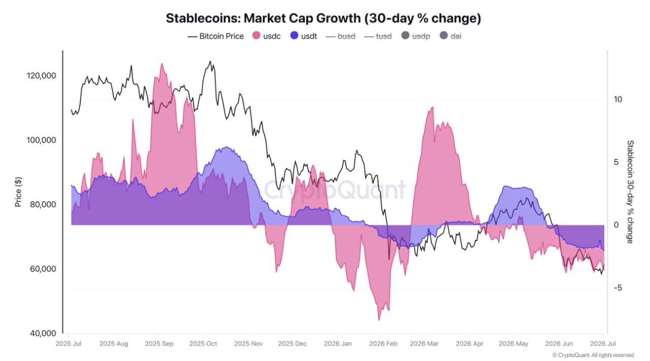 Stablecoin-Marktkapitalisierung, USDC und USDT über 30 Tage im Minus, der Rückgang läuft seit November 2025. Quelle: CryptoQuant.