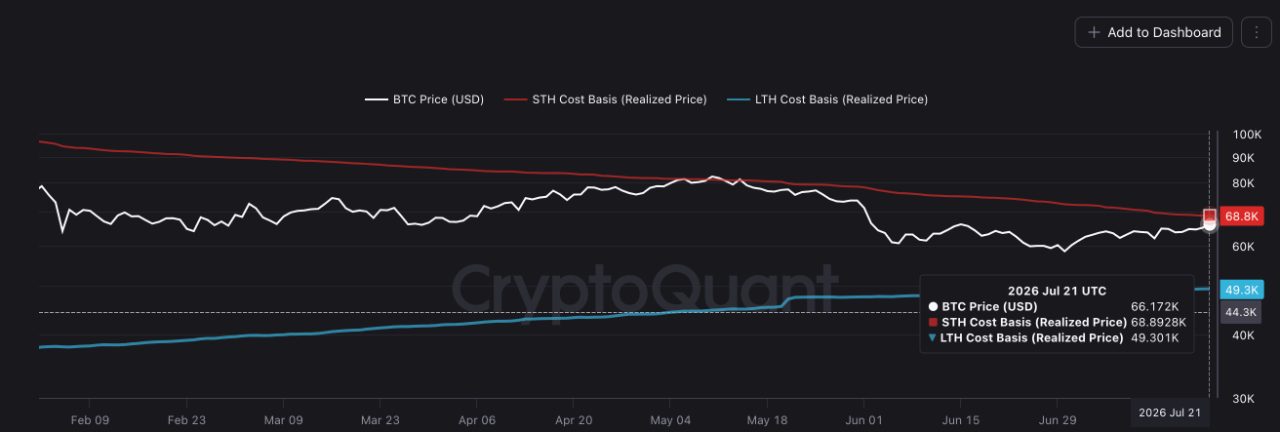 Short-Term und Long-Term Holder Kostenbasis, CryptoQuant. STH-Kostenbasis bei 68'700, LTH-Kostenbasis bei 49'300, Kurs bei 66'400. Die kurzfristigen Halter sind noch knapp im Minus, die langfristigen tief im Plus.